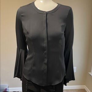Milly Silk Button Down Shirt Crew Neck Asymmetrical Bell Sleeve Top Blouse NWT 2